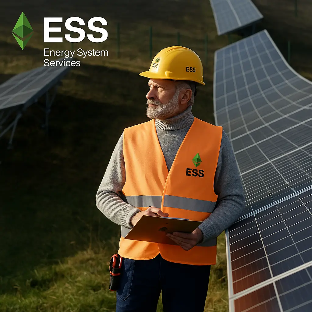 Engineer inspecting solar panels at a renewable energy installation